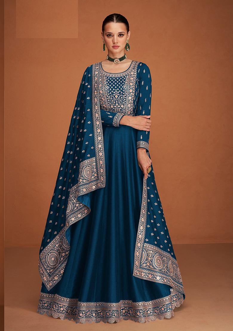 Royal Blue Embroidered Silk Blend Kurta Set