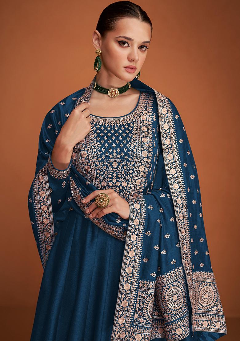 Royal Blue Embroidered Silk Blend Kurta Set