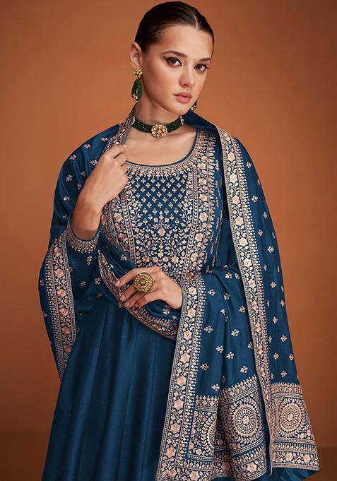 Royal Blue Embroidered Silk Blend Kurta Set