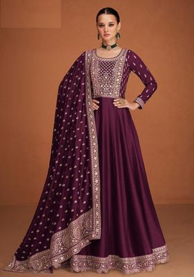 Dark Purple Embroidered Silk Blend Kurta Set