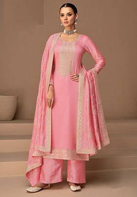 Light Pink Embroidered Silk Blend Kurta Set