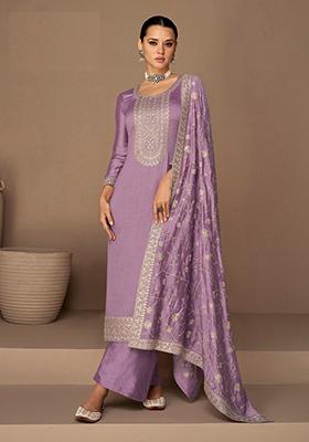 Light Purple Embroidered Silk Blend Kurta Set