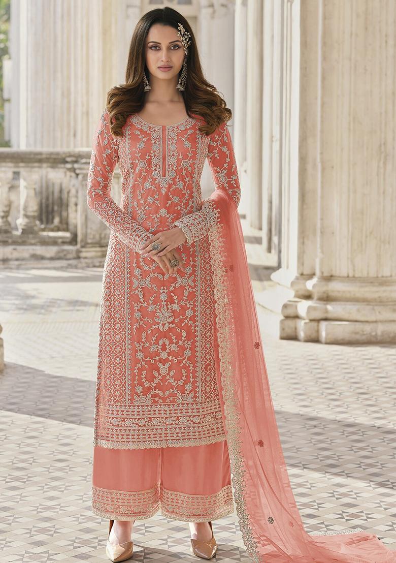 Peach Hand Embroidered Net Palazzo Set