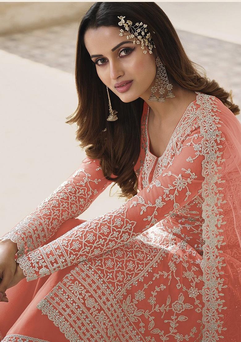 Peach Hand Embroidered Net Palazzo Set