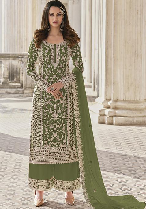 Light Green Hand Embroidered Net Palazzo Set