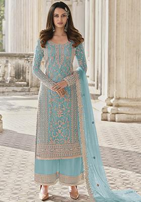 Light Blue Hand Embroidered Net Palazzo Set