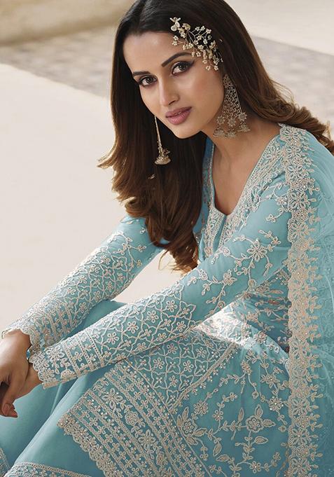 Light Blue Hand Embroidered Net Palazzo Set