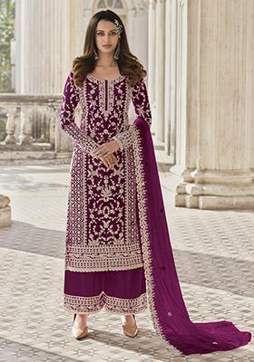 Dark Purple Hand Embroidered Net Palazzo Set