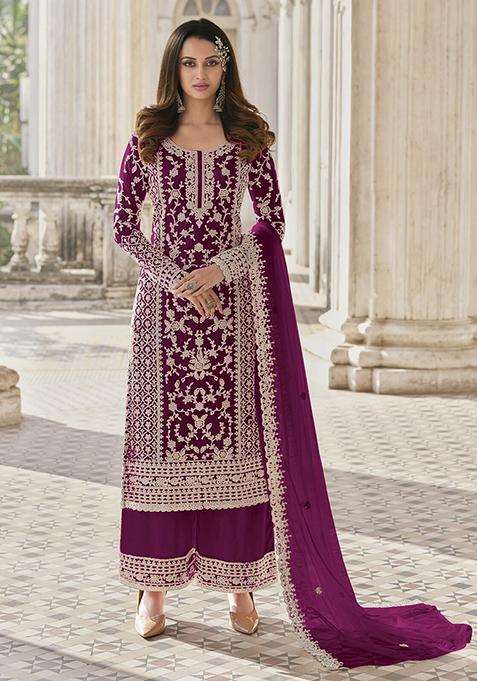 Dark Purple Hand Embroidered Net Palazzo Set
