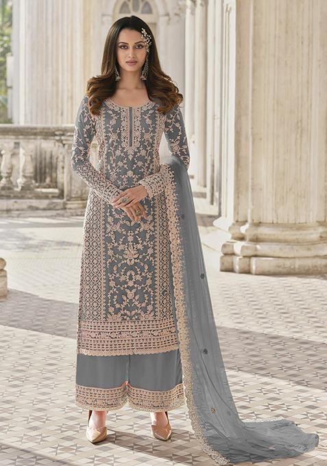 Grey Hand Embroidered Net Palazzo Set