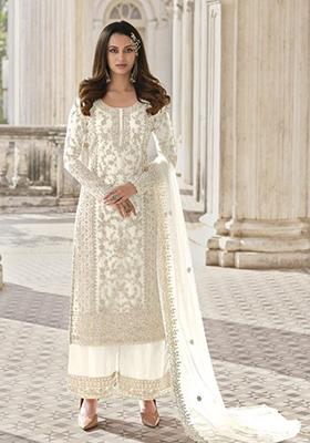 White Hand Embroidered Net Palazzo Set