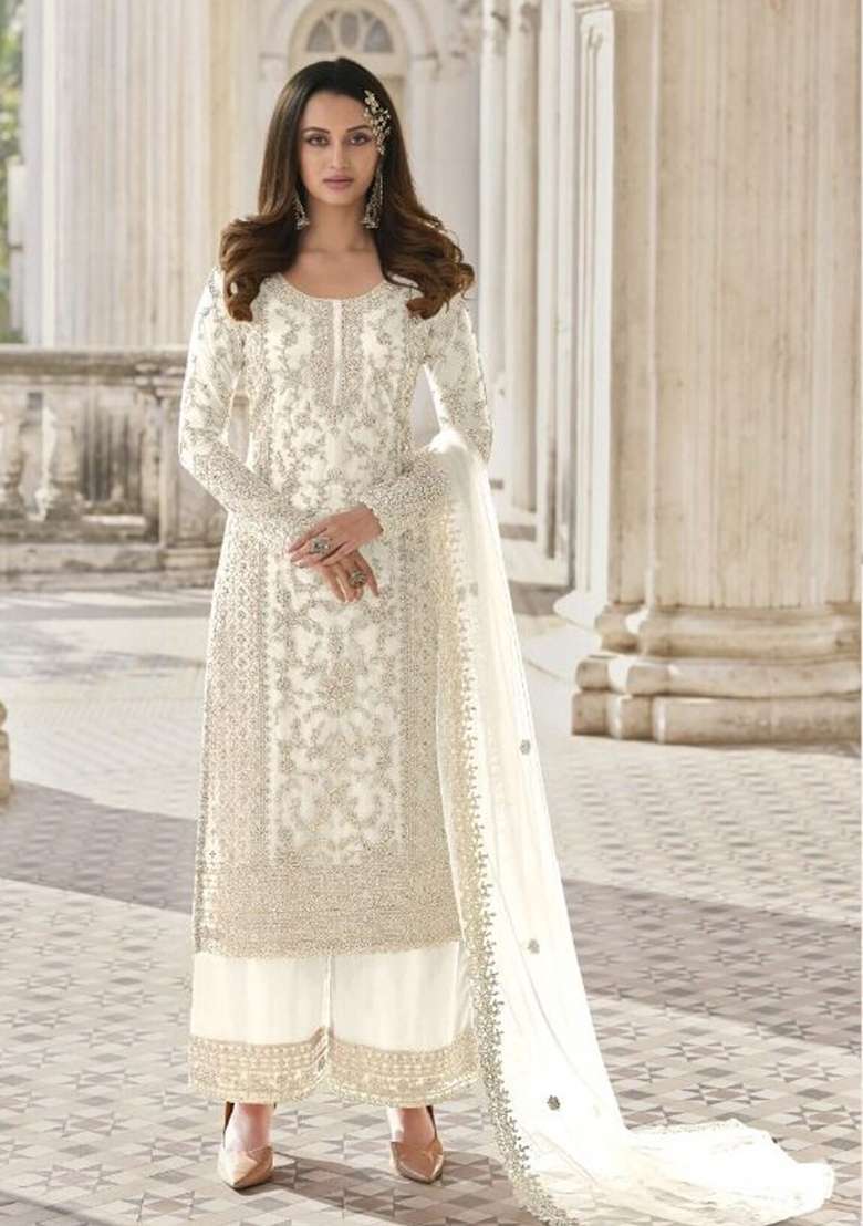 White Hand Embroidered Net Palazzo Set - Indya