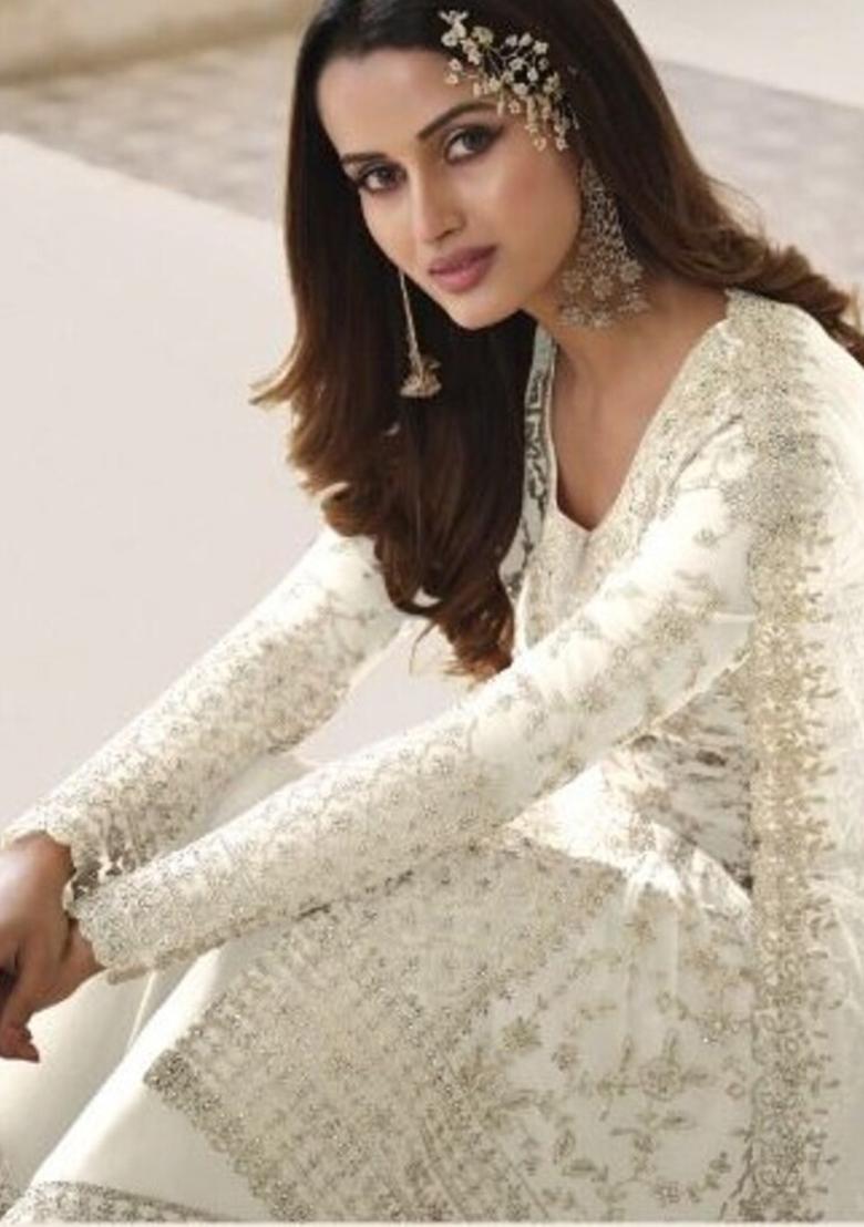 White Hand Embroidered Net Palazzo Set