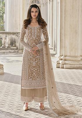 Beige Hand Embroidered Net Palazzo Set