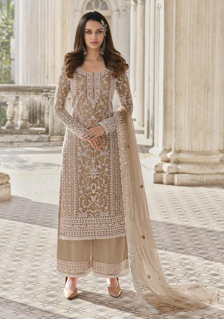 Beige Hand Embroidered Net Palazzo Set