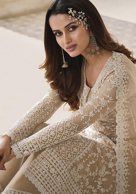 Beige Hand Embroidered Net Palazzo Set