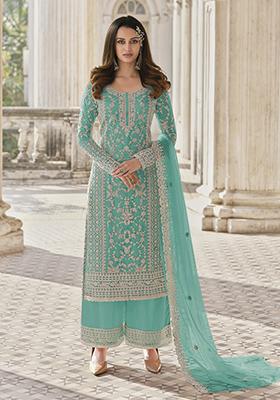 Aqua Blue Hand Embroidered Net Palazzo Set