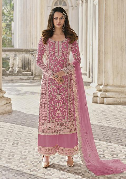 Light Pink Hand Embroidered Net Palazzo Set