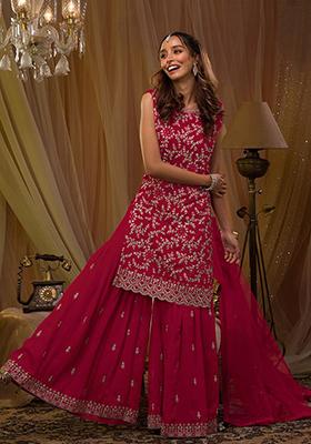 Pink Embroidered Georgette Sharara Set