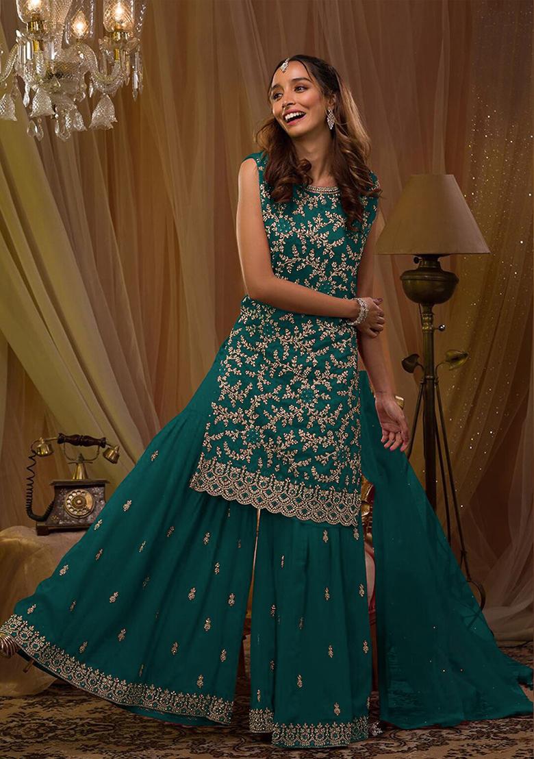 Blue Embroidered Georgette Sharara Set