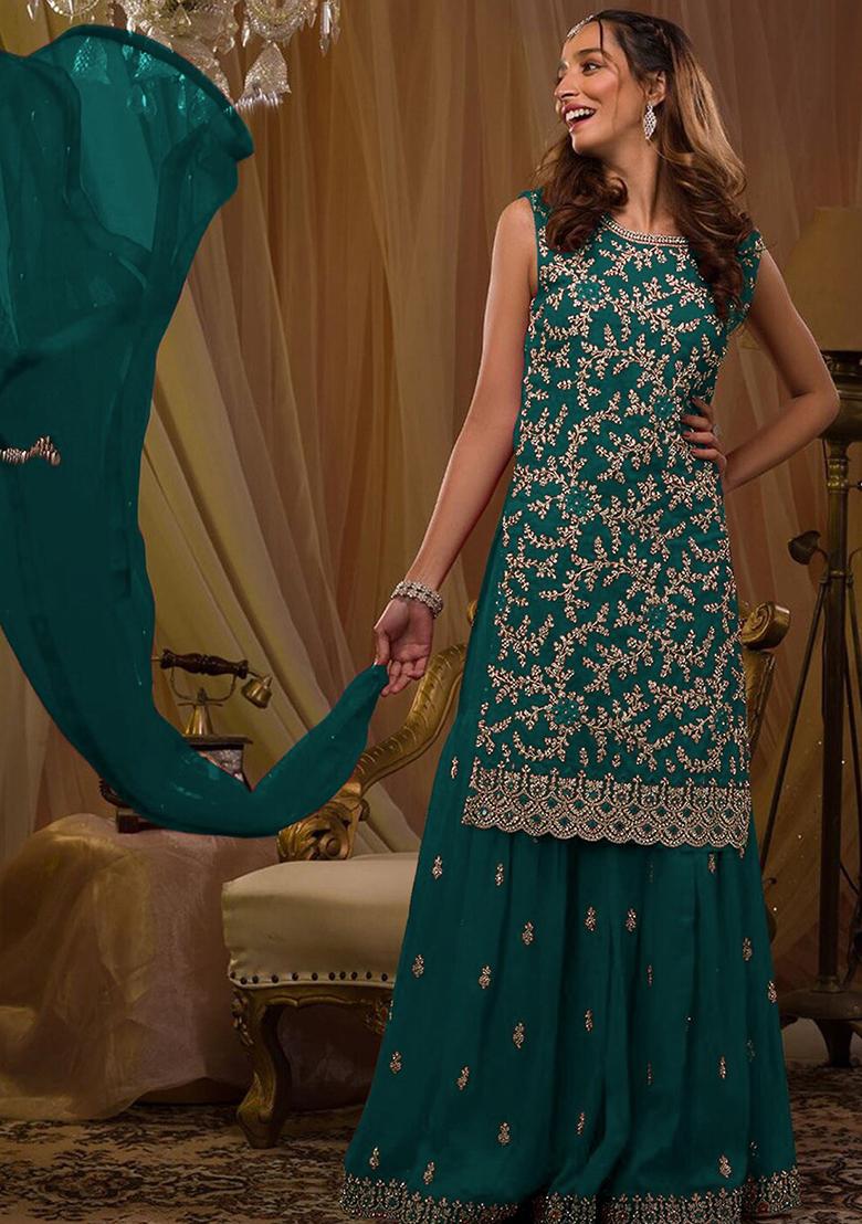 Blue Embroidered Georgette Sharara Set