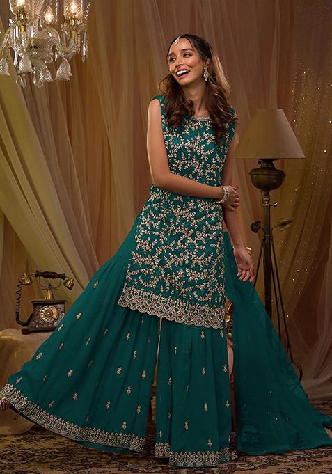 Blue Embroidered Georgette Sharara Set