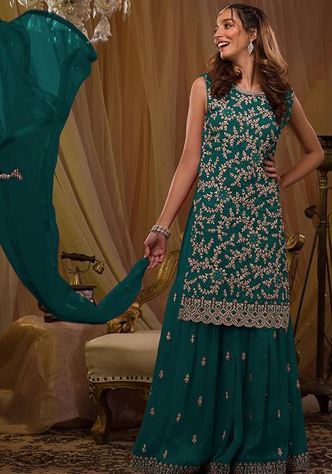 Blue Embroidered Georgette Sharara Set