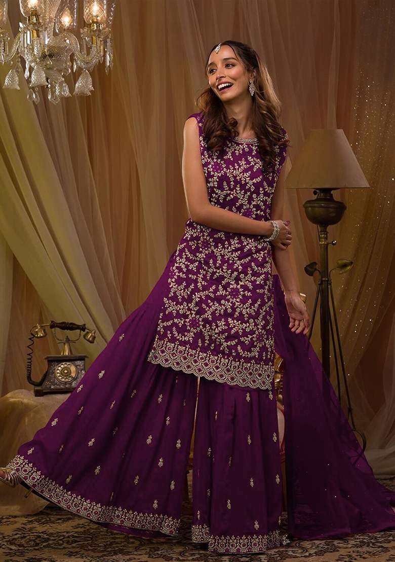 Dark Purple Embroidered Georgette Sharara Set - Indya