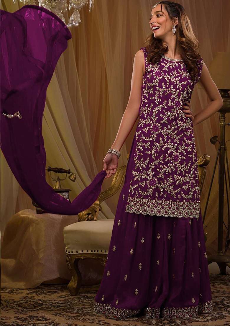 Dark Purple Embroidered Georgette Sharara Set - Indya