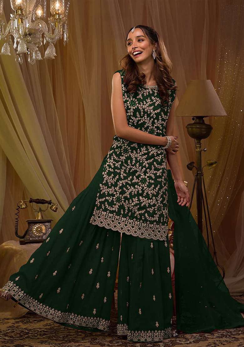 Dark Green Embroidered Georgette Sharara Set - Indya
