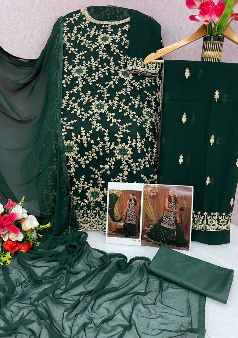 Dark Green Embroidered Georgette Sharara Set - Indya