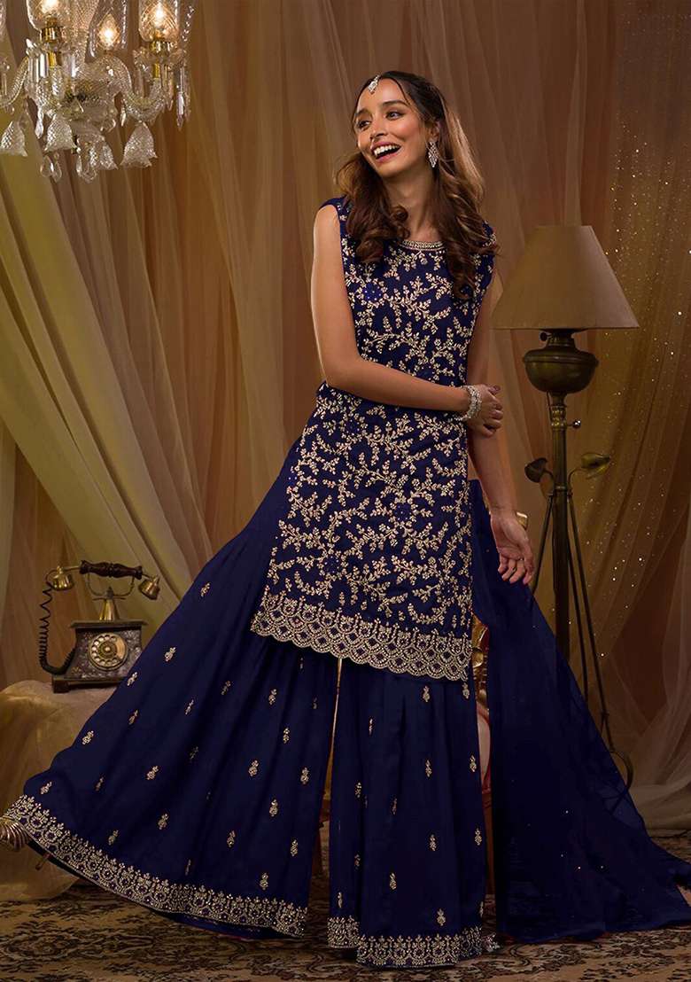 Dark Blue Embroidered Georgette Sharara Set - Indya