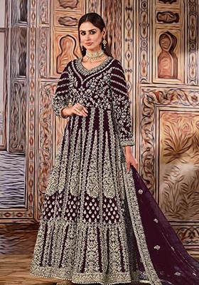 Dark Purple Thread Embroidered Net Anarkali Set