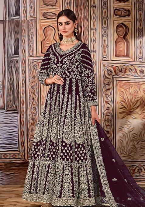 Dark Purple Thread Embroidered Net Anarkali With Dupatta