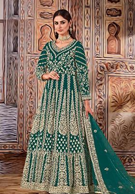 Sea Green Thread Embroidered Net Anarkali Set