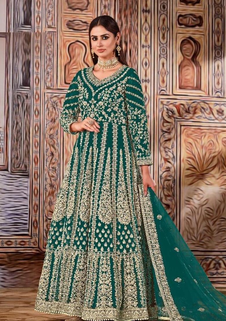 Sea Green Thread Embroidered Net Anarkali Set