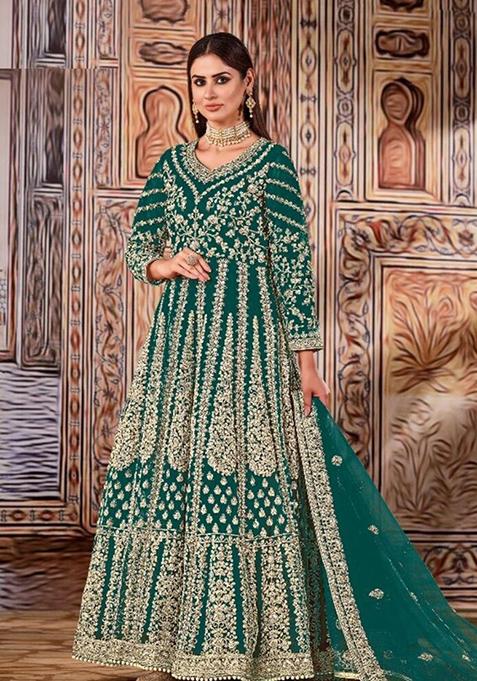 Sea Green Thread Embroidered Net Anarkali Set