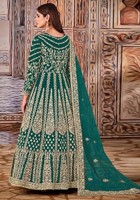 Sea Green Thread Embroidered Net Anarkali Set