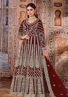 Maroon Thread Embroidered Net Anarkali Set