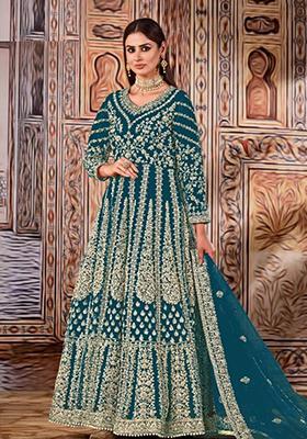 Dark Blue Thread Embroidered Net Anarkali Set