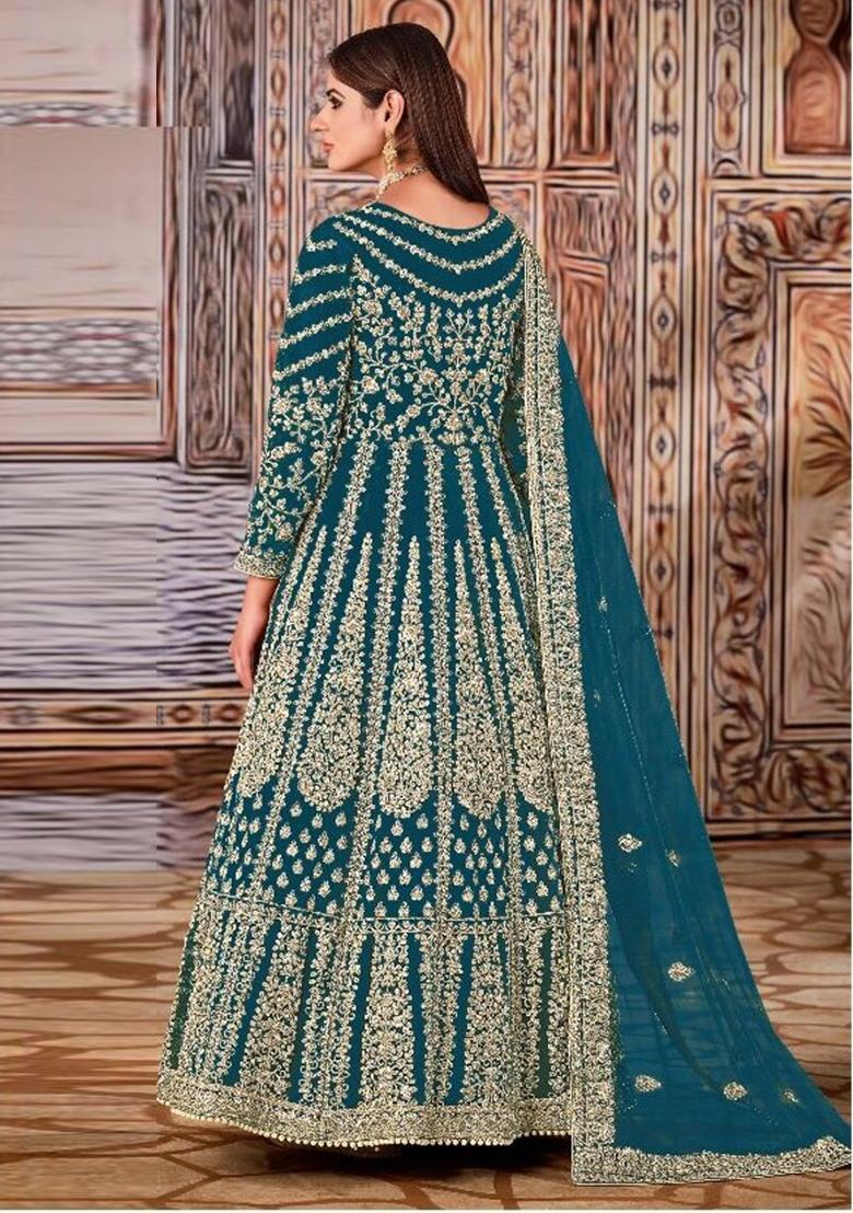 Dark Blue Thread Embroidered Net Anarkali Set - Indya
