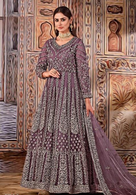Light Purple Thread Embroidered Net Anarkali With Dupatta