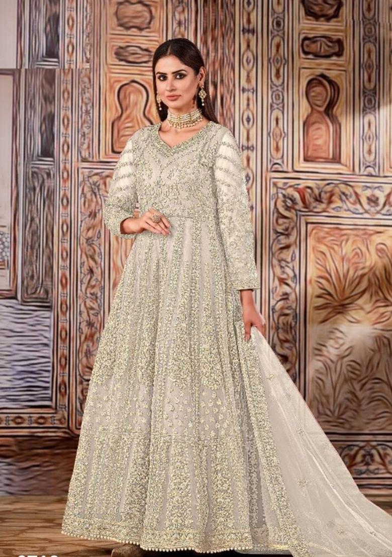White Thread Embroidered Net Anarkali Set