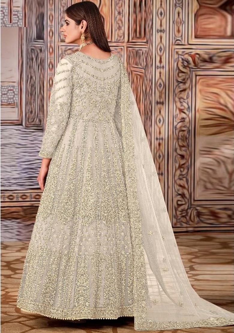 White Thread Embroidered Net Anarkali Set