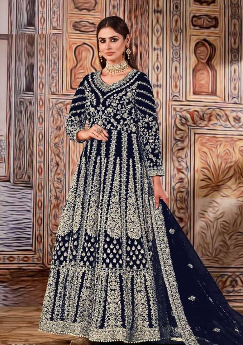 Royal Blue Thread Embroidered Net Anarkali With Dupatta - Indya
