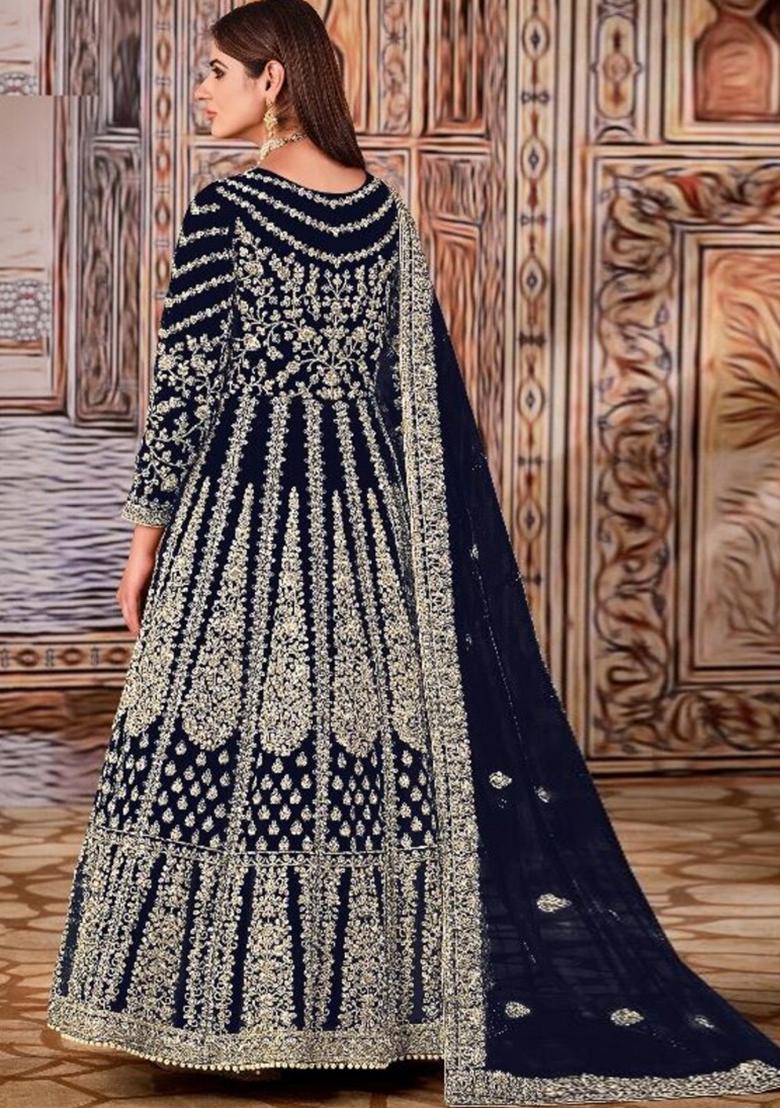 Royal Blue Thread Embroidered Net Anarkali Set