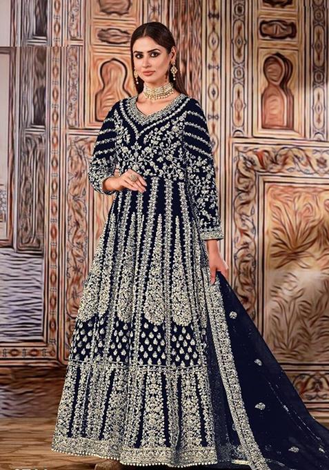 Royal Blue Thread Embroidered Net Anarkali With Dupatta