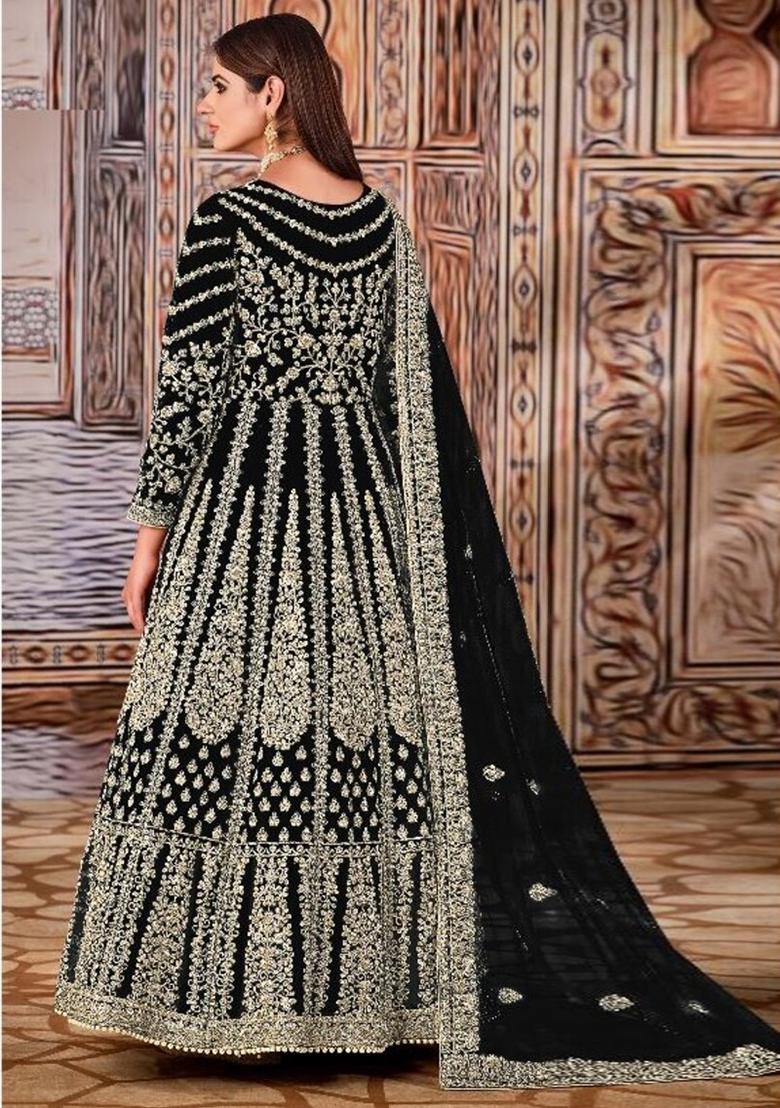 Black Thread Embroidered Net Anarkali Set - Indya