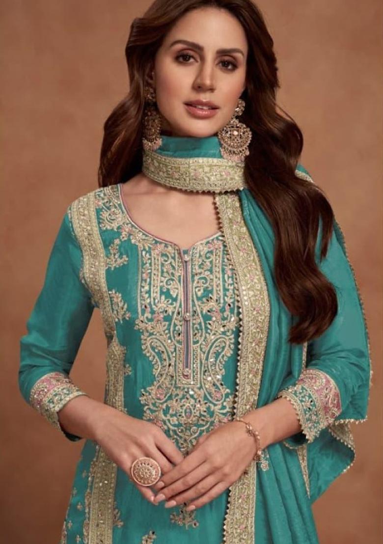 Teal Green Embroidered Silk Kurta Set