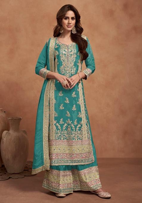 Teal Green Embroidered Silk Kurta Set
